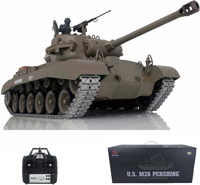 Heng Long US in Stock 1/16 Scale 7.0 Upgraded M26 Pershing RTR RC Tank 3838 Metal Tracks Smoke Generator 340° Rotating Turret Infrared Combat Lifting Barrel Light Sound Airsoft Tank
