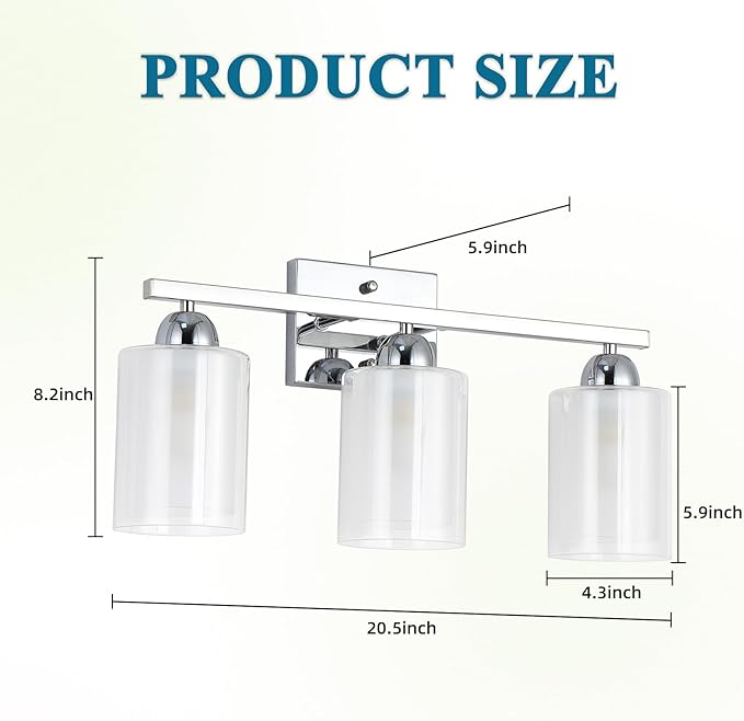 Stainless Steel Bathroom Vanity Light Over Mirror, 3 Light Polished Chrome Bathroom Light Fixtures with Milk Glass and Clear Glass Shades, Modern Vanity Lighting Wall Mount
