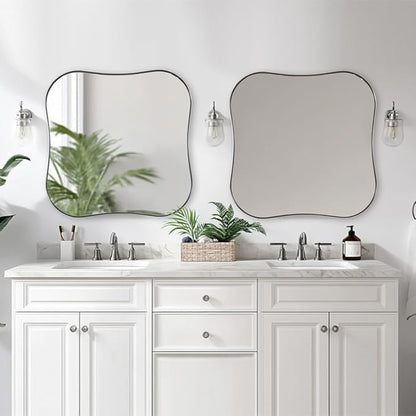 ANDY STAR 30x30 Inch Brushed Nickel Bathroom Mirror,Square Scallope Mirror with Unique Notched Edges Design in 1 Inch Stainless Steel Metal Frame Wall Mounted Mirror for Home Bathroom