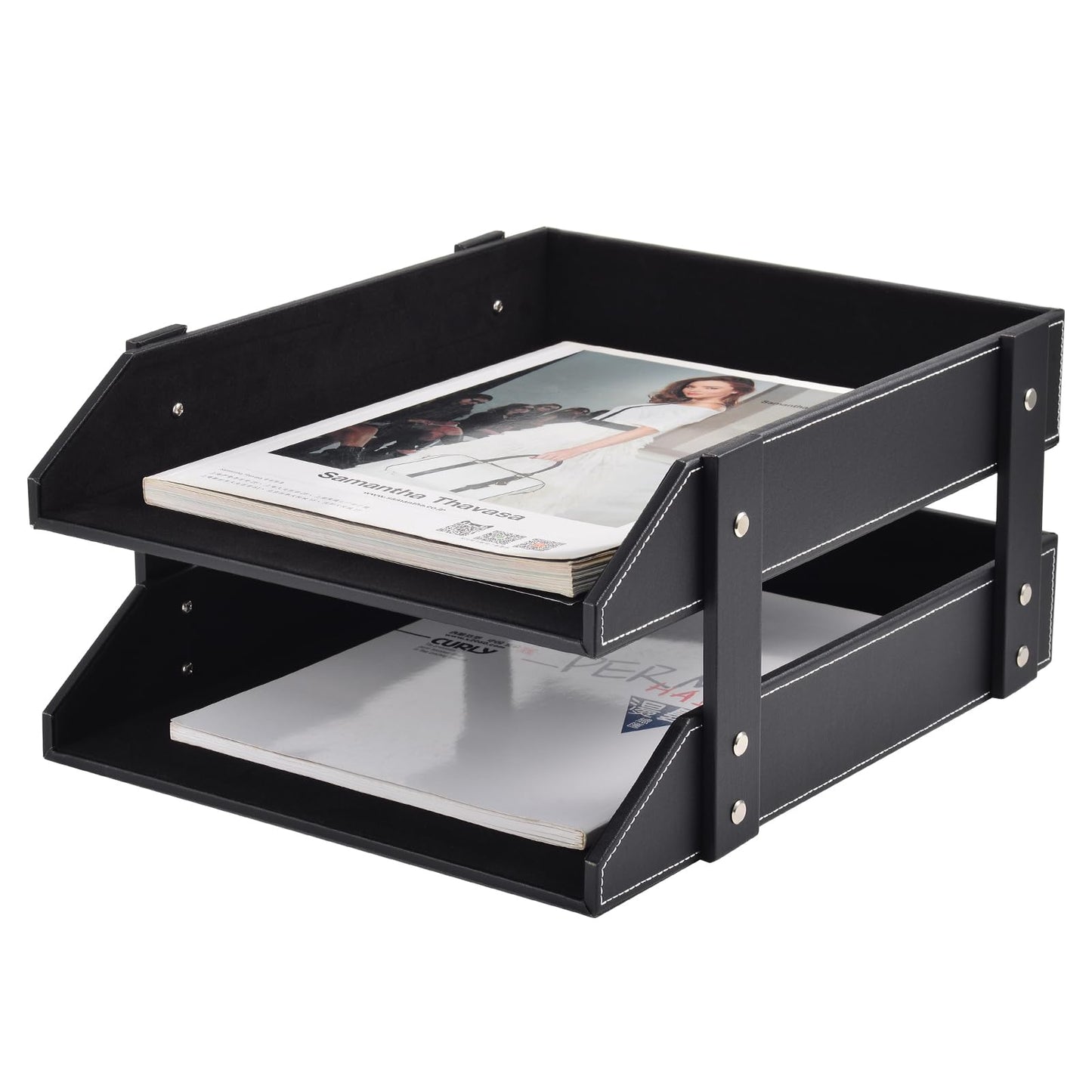 XNONE Leather Desk Organizer,2-Tier Stackable Letter Tray Holder,Office Supplies Desktop Storage Box for Document,Stationery,Magazines,Newspapers,Letters and Other Home Office Paper Sundries,Black