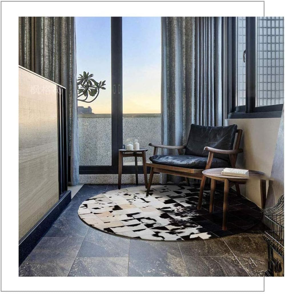 SN ALEFHOME Cowhide Round Leather Rug 4x4 ft – Genuine Hair-On Hide Patchwork Area Rug for Living Room, Bedroom, Kids Playroom, Lounge & Western Home Decor