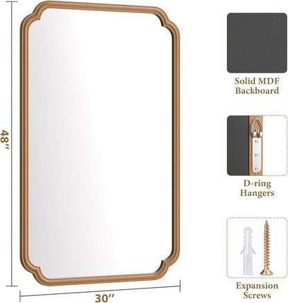 30"x48" Wood Bathroom Mirror for Wall, Large Wood Bathroom Vanity Mirror, Rounded Rectangle Mirror in Wooden Frame Hangs Horizontal Or Vertical