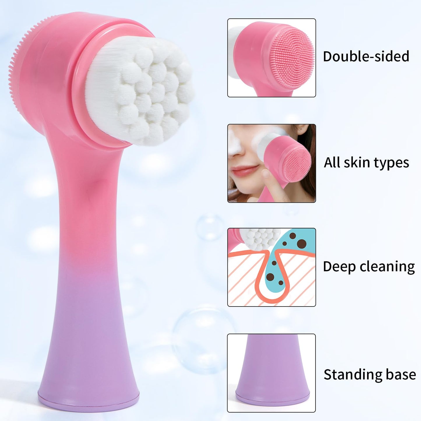 Face Brush 2 in 1, Facial Cleansing Exfoliating Scrubber Brush, Silicone Double Side Manual Face Wash Scrub Brush with Soft Bamboo Charcoal Fiber for Deep Pore Cleansing, Massaging, Skin Care
