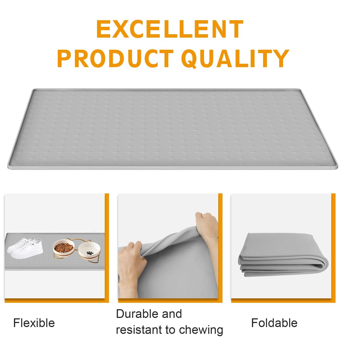Extra Large Silicone Dog Food Mat 33.9"x21.9" – 0.27" Raised Edge Waterproof Pet Feeding Mat, Non-Slip Placemat for Multiple Bowls, Auto Feeders, Cat Fountains, Dishwasher Safe (Black/Gray)