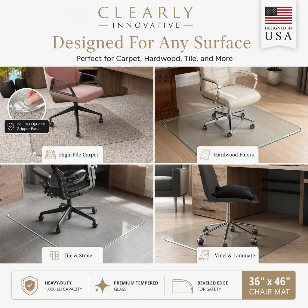 Office Chair Mat for Carpet & Hardwood Floors - 36x46 Tempered Glass Chair Mat with Beveled Edge, Heavy-Duty 1,000 lb Capacity, Smooth Glide Floor Protector by Clearly Innovative