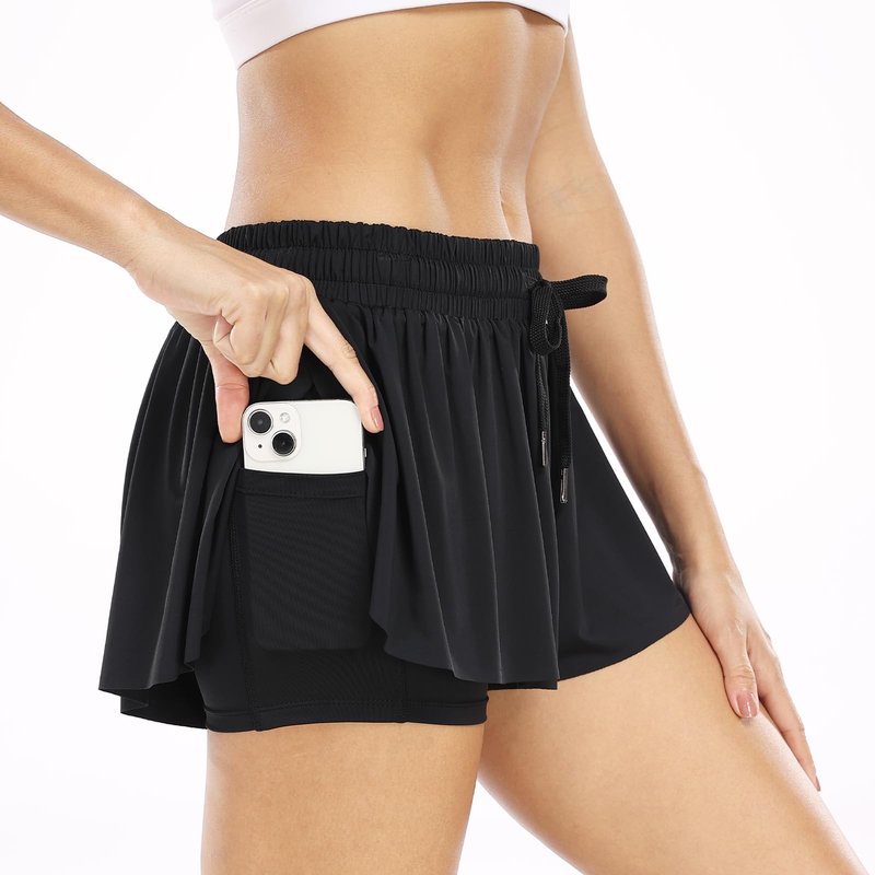 Wsirmet Flowy Shorts for Women Butterfly Shorts 2 in 1 Athletic Workout Gym Biker Running Shorts with Pockets Black S