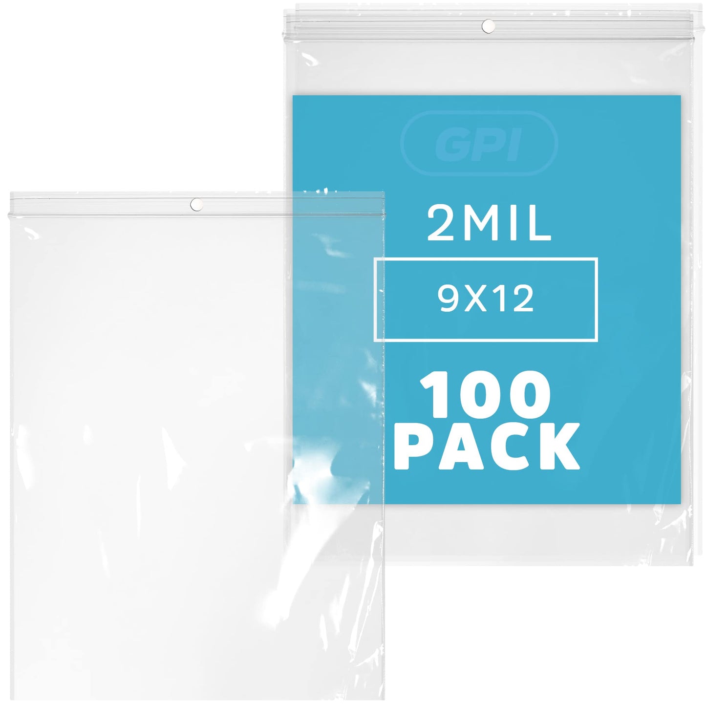 GPI - 9" x 12" - 100 Pack, 2 Mil thick, Large, Clear Plastic Reclosable Zip Bags, Hang Hole For Display, Durable Poly Baggies with Resealable Zip Top Lock for Storage, Packaging & Shipping