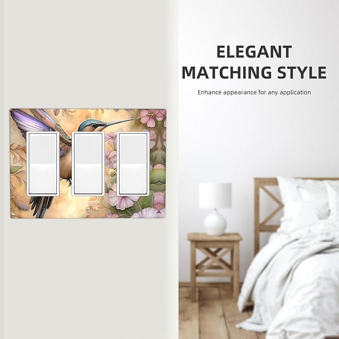 Decorative Art Light Switch Covers Blossom & Hummingbird 3 Gang Triple Rocker Outlet Switch plate GFCI Faceplate GFCI for Home Decor