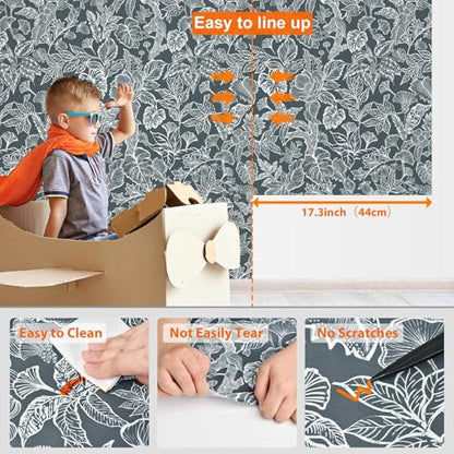 Tropical Peel and Stick Wallpaper Boho Contact Paper Cabinet Dark Blue Navy White Removable Self Adhesive Contact Paper Modern Floral Leaf Bedroom Bathroom Wallpaper Waterproof 17.3inW 78.7inL
