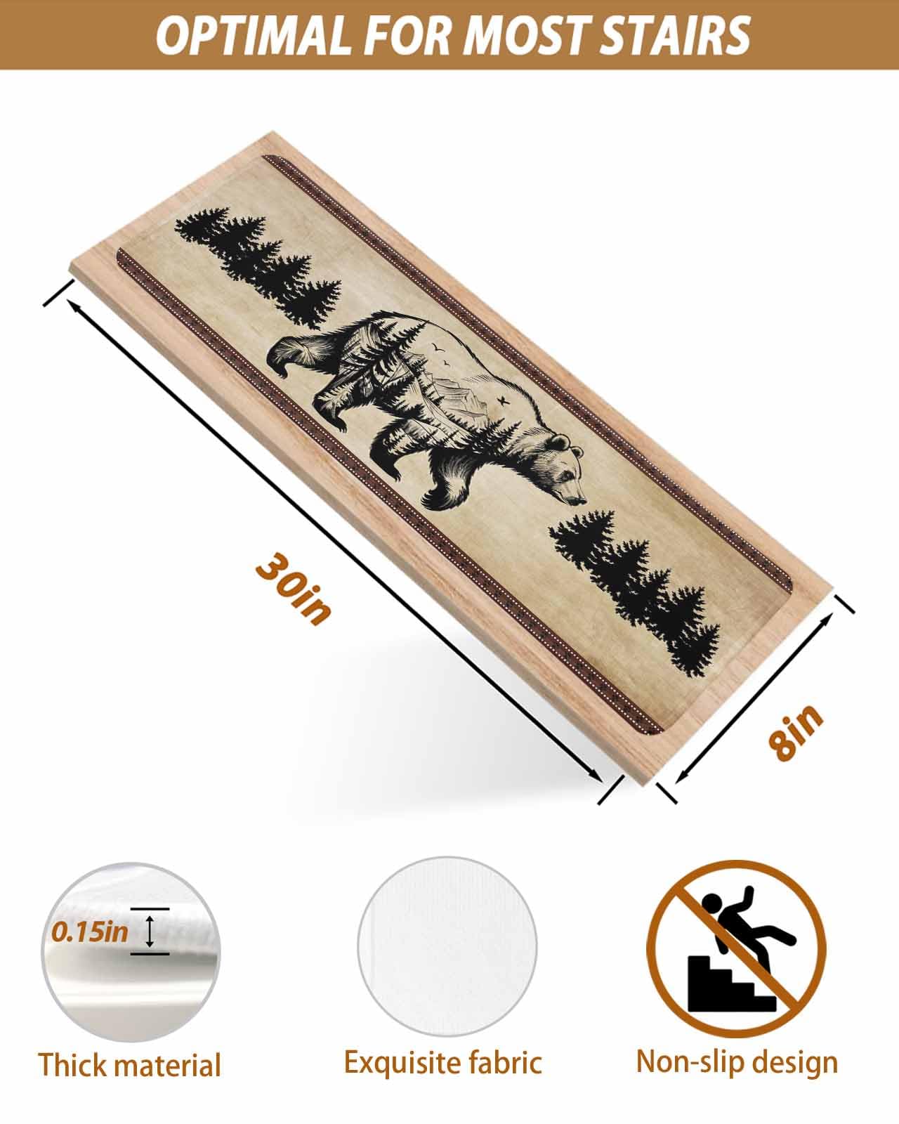 Stair Treads for Wooden Steps,Retro Pine Tree Bear Silhouette Non Slip Stair Carpet Indoor Stair Runner Staircase Step Treads,Black Animal Vintage Back Stair Mat 8x30in 4 Pcs