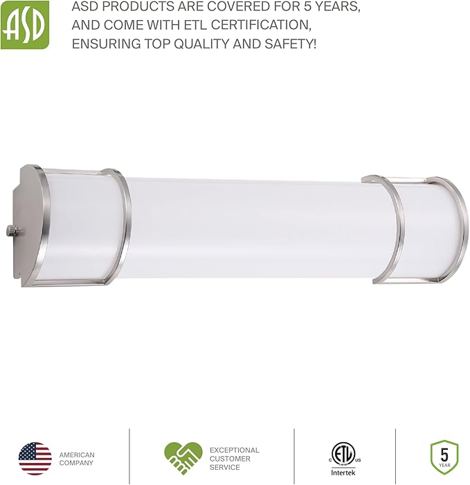 ASD LED 18" Vanity Flush Mount Light Fixture, Linear Bathroom Lighting Bar | 3CCT, Dimmable, ETL Listed | 20W 2300LM 3000-5000K 100-277V | Long Tube Bath Wall Sconce Over Mirror | Nickel