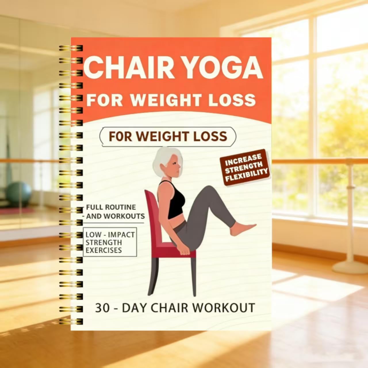30-Day Chair Yoga Weight Loss Planner – 15-Minute Daily Routine Log with Illustrated Poses & Progress Tracker for Seniors & Beginners, Spiral-Bound Home Fitness Journal，(5.5x8.3 Inch, Orange)