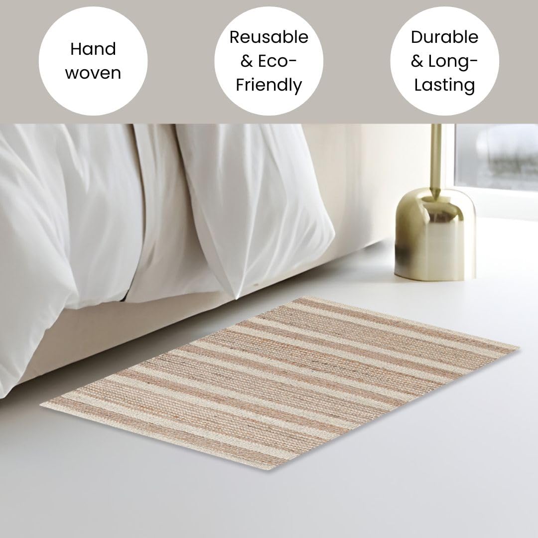 Threadvista Hand Woven Area Rug 2x3 Feet - Rustic Farmhouse Boho Accent Rug for Living Room Bedroom Kitchen Entryway Floor Mats Non Slip - Ideal for High Traffic Areas Jute Cotton Rug Natural