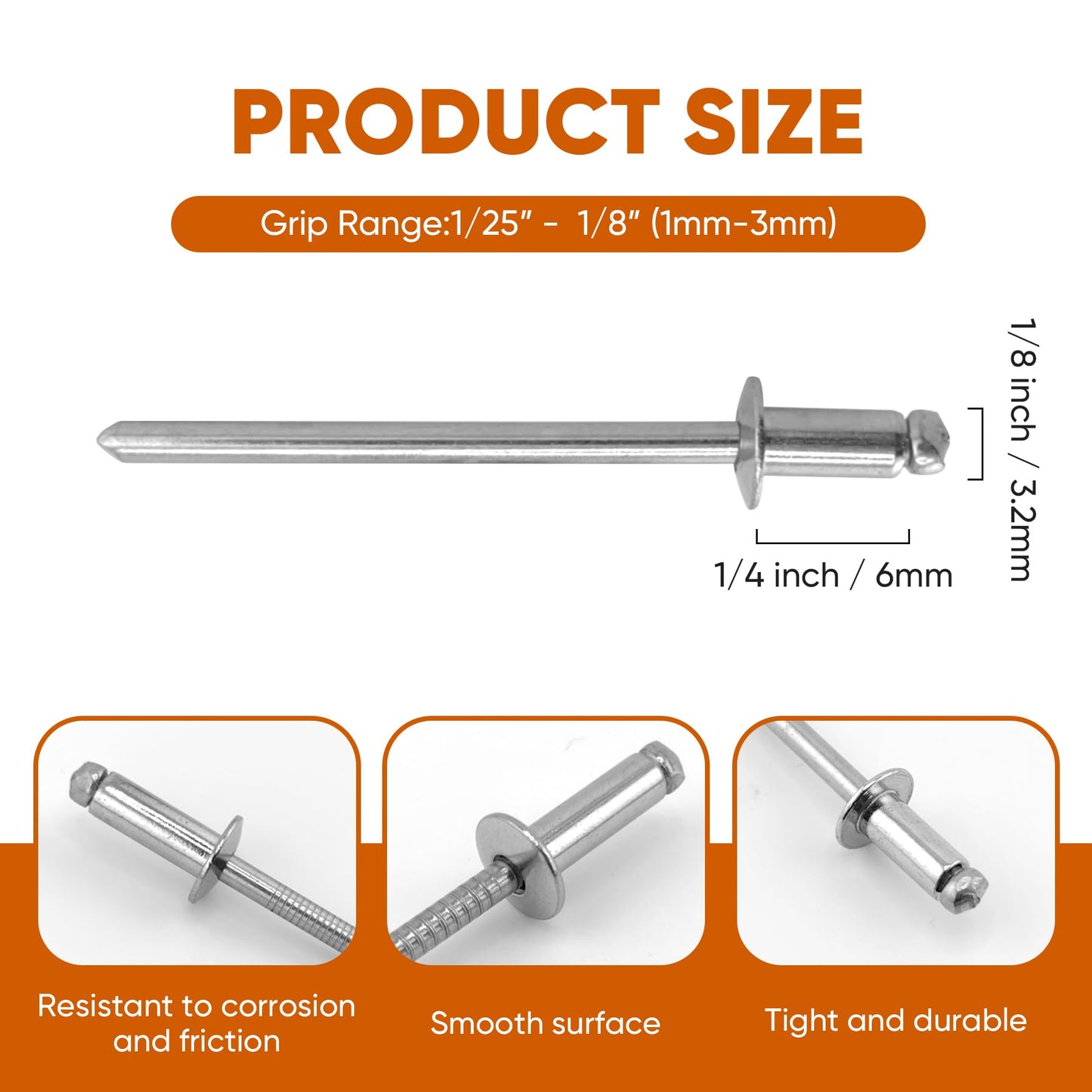 ALLCLEAN 300 Pcs 1/8"x1/4" Stainless Steel Blind Pro Rivets,3.2 x 6mm Pop Rivets,Stainless Steel Grip and Stainless Steel Mandrel