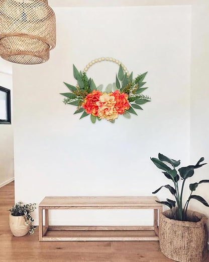 Spring Wreath 10" Artificial Floral Wood Bead Eucalyptus Leaves Peony Hydrangea Wreath for Front Door Boho Farmhouse Wall Decor 2 Pack - Orange
