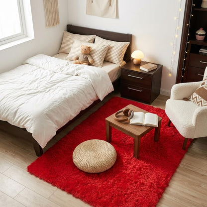 Mugorn Red Rugs for Bedroom, 2x3 Fluffy Area Rugs for Living Room, Soft Shag Kids Rug Small Carpet with 4 Non-Slip Rug Pads (Red, 2ft x 3ft)