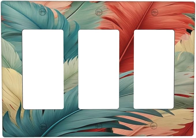 Colorful Feathers Blue Red 3 Gang Rocker Triple Outlet Wall Plate Decorative Switchplate Cover Faceplate GFCI Light Switch Covers for Farmhouse Living Decor