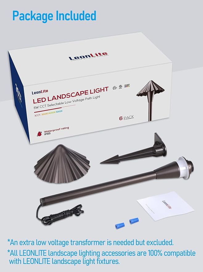 LEONLITE 3CCT Low Voltage Pathway Lights, LED Landscape Path Lights, 3000K/4000K/5000K, Ruffles Head, 12-24V AC/DC, IP65 Outdoor Walkway Light, Oil Rubbed Bronze Aluminum, Pack of 6