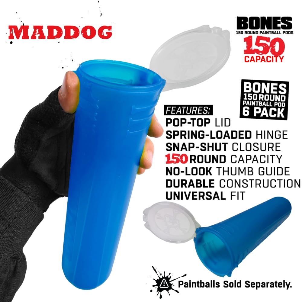 Maddog 150 Round Bones Paintball Pods | Durable Quick Reload Tubes for Tournament and Recreational Speedball Woodsball | 6 Pack - Aqua