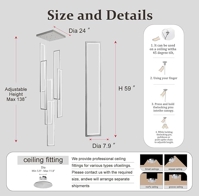 Flashing God Modern Chandelier,6 Ring Led Foyer Chandeliers,Larger High Ceiling Chandelier for Living Room,Rectangle Chandeliers for Entryway Staircase LED Dimming 2700k-6000k