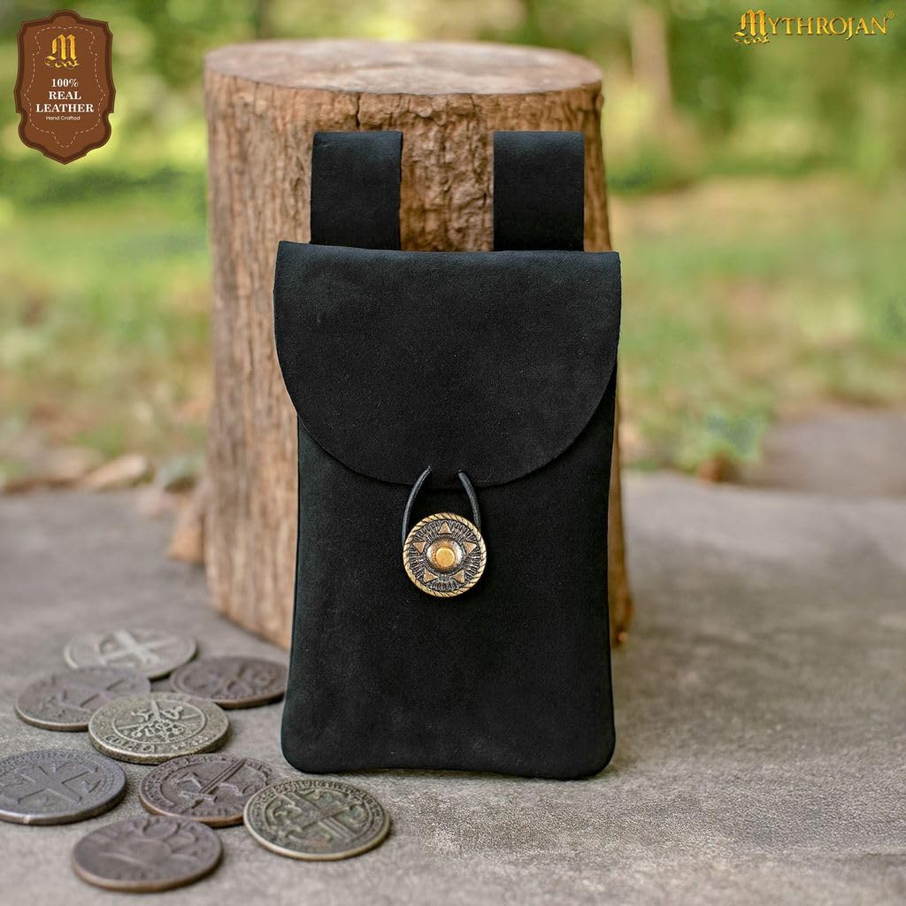 Mythrojan Medieval Renaissance Suede Jewelry Belt Pouch LARP Costume Waist Bag for Historical Reenactment, Cosplay, Stage Props - Black
