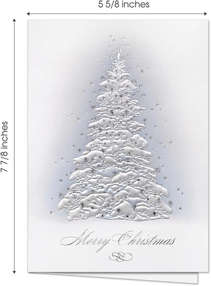 Masterpiece Embossed Frosted Tree Christmas Cards / 15 Boxed Winter Evergreen With Pearl And Silver Accents Holiday Cards With Coordinating Envelopes / 5 5/8" x 7 7/8" Folded Tree Greeting Card Set
