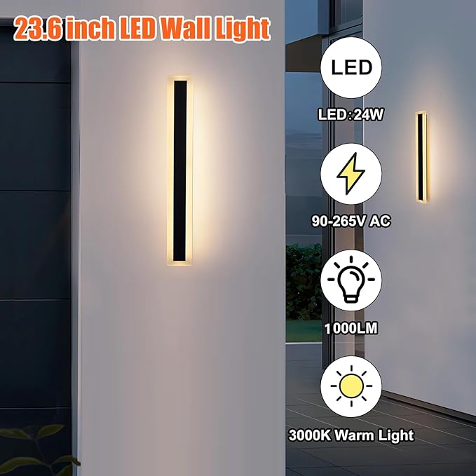 TooCust 2 Pack 23.6in Long Outdoor LED Wall Light, IP65 Waterproof, 24W Warm White 3000K, Narrow Strip Light, Long Wall Sconce for Garage, Wired Installation