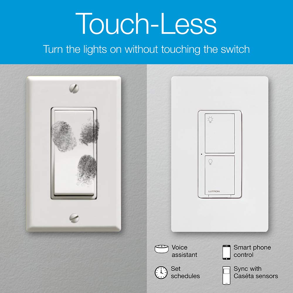 Lutron Caseta Smart Switch 3-Way Kit, with Pico Remote, Wallplate, Wall Bracket for LED Lights and Fans, 5 Amp, Neutral Required, P-PKG1WS-WH