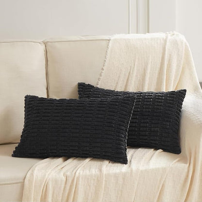 Fancy Homi Black Decorative Throw Pillow Covers 12x24 Inch for Living Room Couch Bed Sofa, Rustic Farmhouse Boho Home Decor, Soft Striped Corduroy Square Cushion Case 30x60 cm