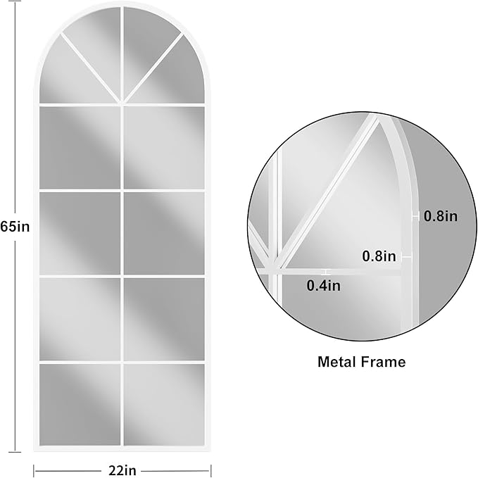 Mirror Full Length, 65"x22" Arched Window Pane Mirrors for Wall Decor, White Full Body or Wall Mounted Mirrors, Farmhouse Standing Mirror Hanging or Leaning for Living Room, Entryway, No Stand