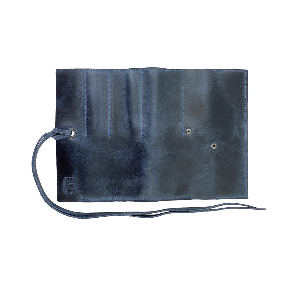 Hide & Drink, Rustic Pencil Roll Pouch, Multi-Purpose Storage Wrap for Scissors, Earphones, Organizer for Craft, Full Grain Leather, Handmade, Slate Blue