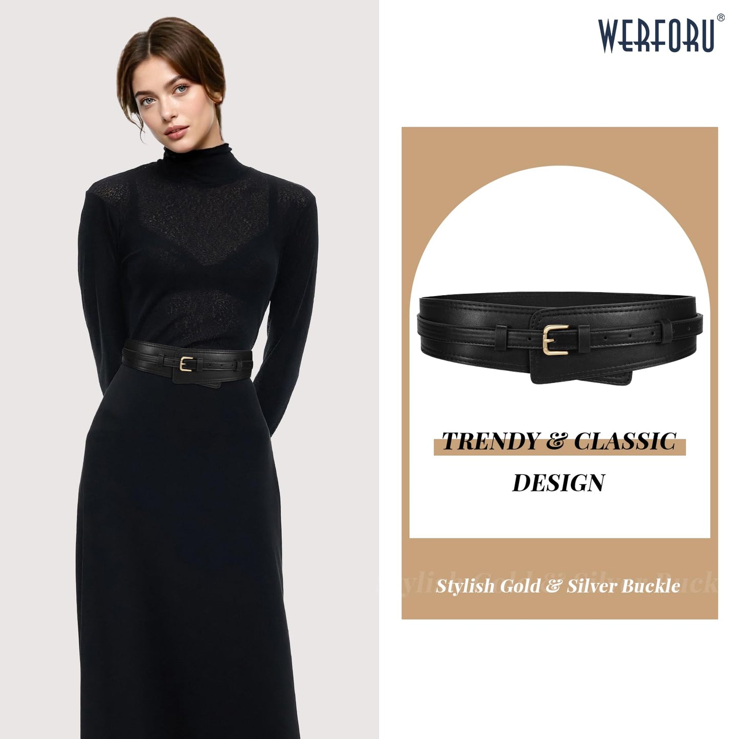 WERFORU Women Wide Waist Belts for Dress Women Fashion Wide Leather Belt 2-in-1 Waistband with Thin Belts for Dress, A-Black-gold buckle, Fit Waist Size 39"-44"