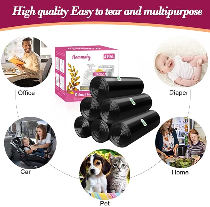 4 Gallon 180pcs Small Black Trash Bags Strong Garbage Bags, Bathroom Trash Can