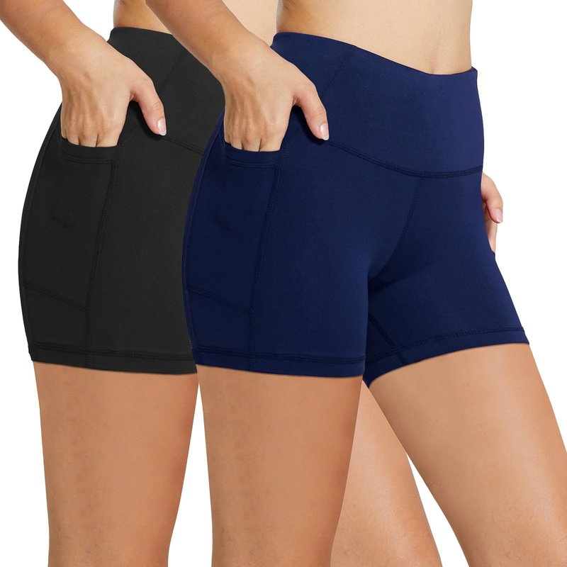 baleaf Biker Shorts Women Yoga Gym Workout Spandex Running Volleyball Tummy Control Compression with Pockets 8" 2-Pack Black/Navy Blue XL