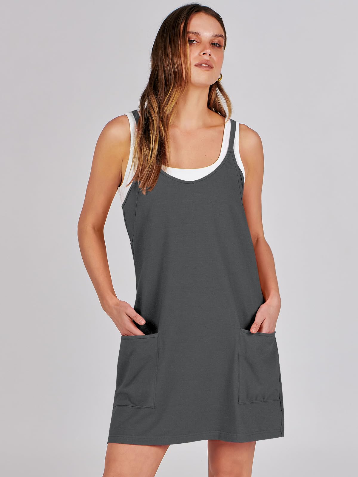 ANRABESS Women Athletic Dress Summer Tennis Workout Active Sports Mini Romper Dress Built in Shorts Travel Vacation Clothes Gray X-Large