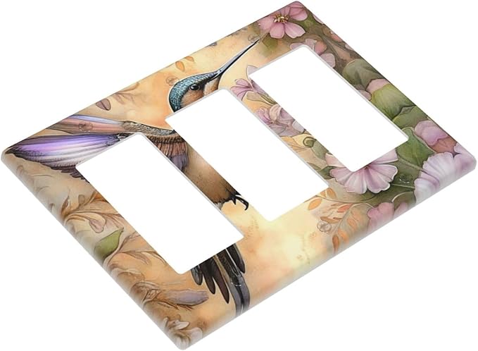 Decorative Art Light Switch Covers Blossom & Hummingbird 3 Gang Triple Rocker Outlet Switch plate GFCI Faceplate GFCI for Home Decor
