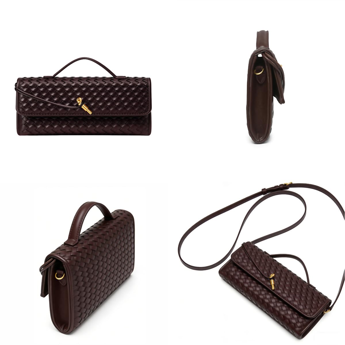 JYG Woven Handbag for Women Fashion Evening Shoulder Bag PU Leather Handmade Clutch Purse Dark Black Casual Crossbody Bags 2024