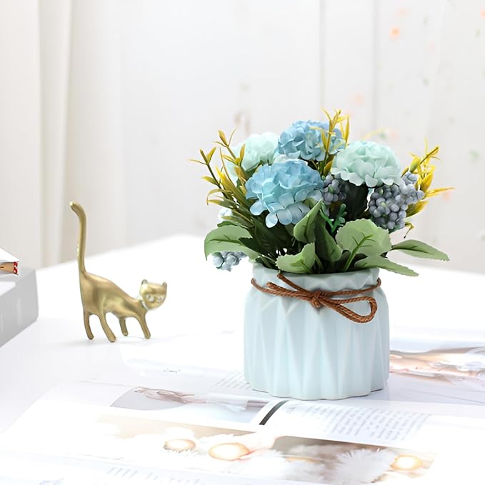 2 PCS Mini Hygrangea Artificial Flowers in Vase, Small Centerpiece Table Decorations - Fake Plant in Vase, Faux Hydrangea Flower Decor for Home, Wedding, Office and Party