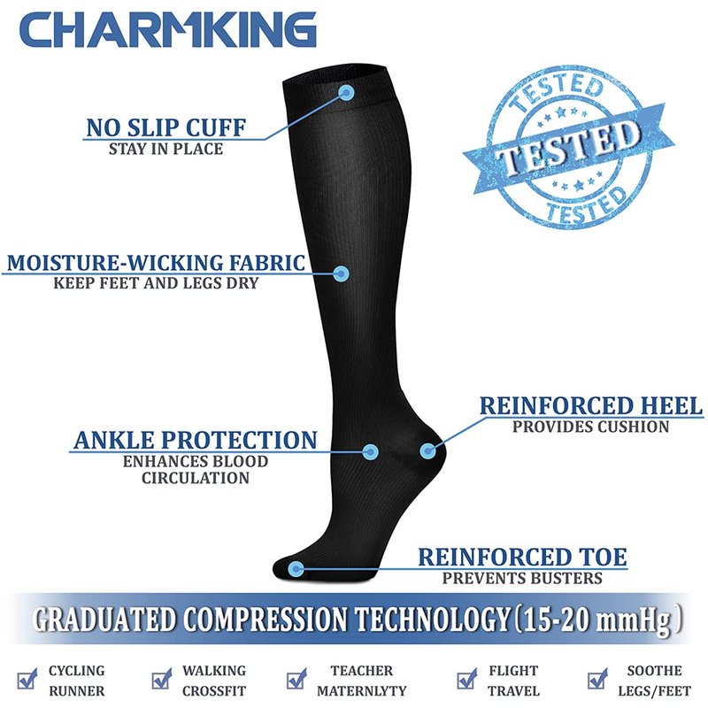 CHARMKING Compression Socks for Women & Men (8 Pairs) 15-20 mmHg Graduated Copper Support Calf Socks are Best for Pregnant, Nurses - Boost Performance, Circulation, Knee High Wide Calf(L/XL, Black)