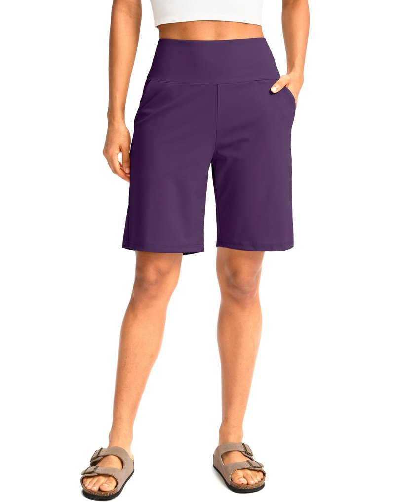 G Gradual Women's Bermuda Long Shorts with Pockets 9" High Waisted Knee Length Shorts for Women Walking Athletic Workout(Purple,S)