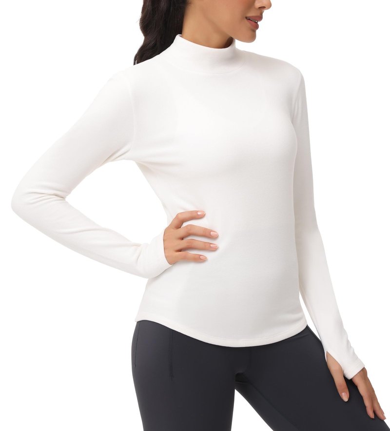 THE GYM PEOPLE Fleece Mock Turtleneck Pullover Base Layer Shirts Long Sleeve Workout Tops with Thumb Hole Beige