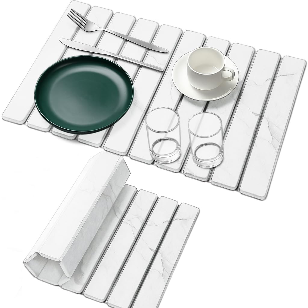 ELIHAM ESSENTIALS Premium Foldable Stone Bath Mat - Ultra Absorbent Quick Drying Compact Easy to Store & Clean Non-Slip Diatomaceous Earth Bath Shower Mat (Marble White)