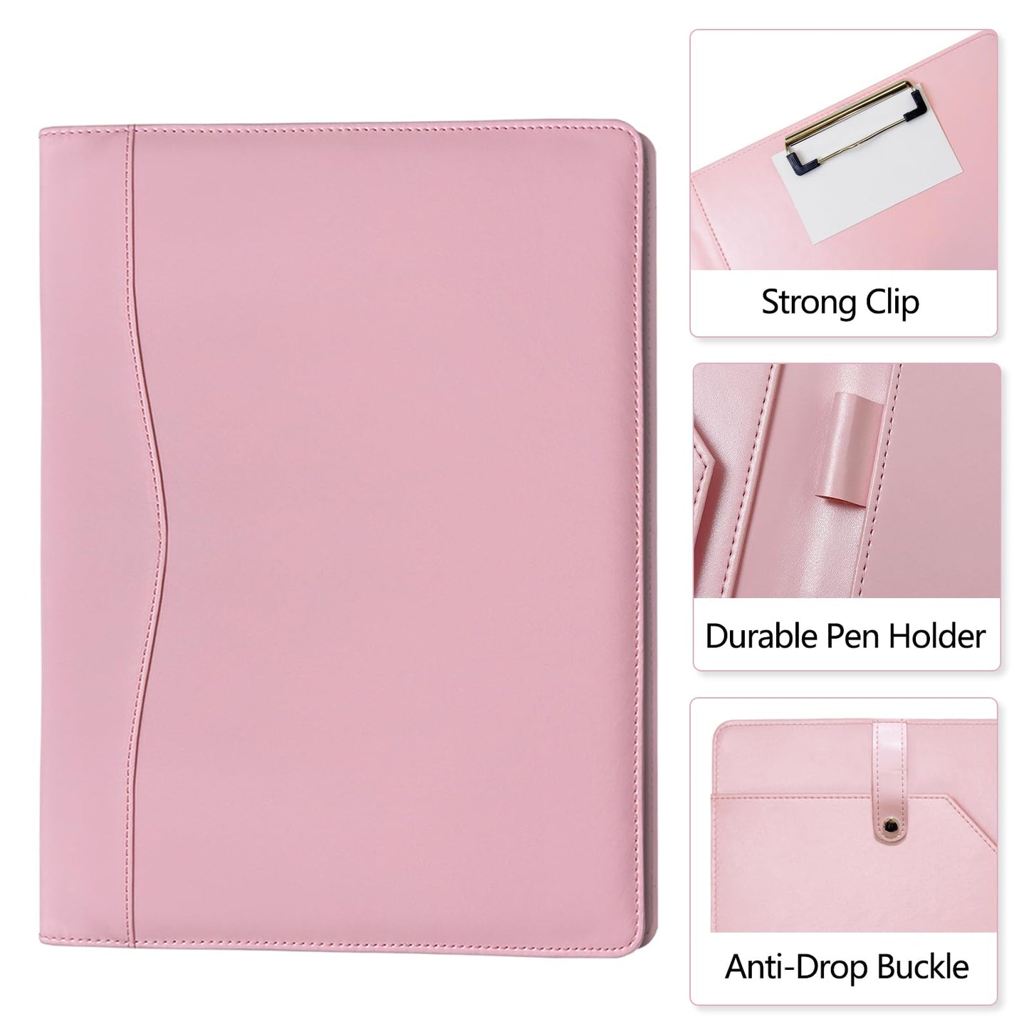 Padfolio Portfolio Binder, Leather Clipboard Folder Briefcase Loose-Leaf Binder with Cover Brown Folder with Pockets Resume Folder for Business Office Meeting Men Women's Business (A4, Pink)