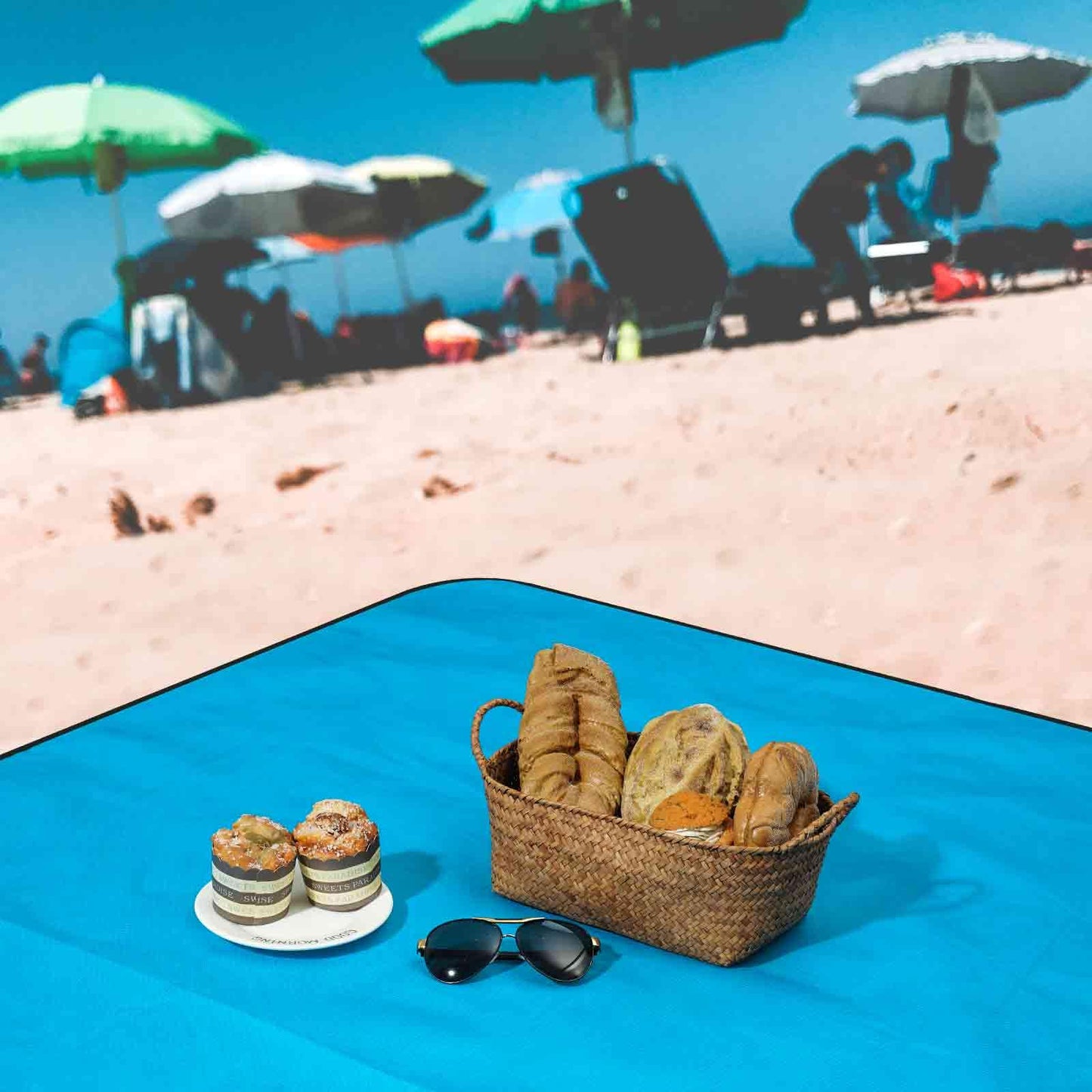 Beach Picnic Blanket, Sandproof Waterproof Camping Blankets Large, Outdoor Sandfree Foldable Mat 55x32in, Oversized Packable Family Mats for Hiking, Camping, Park, Travel, Grass Concert-Blue