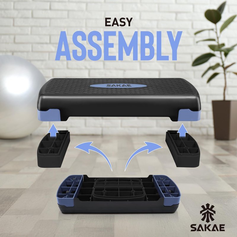 Blue Black Exercise Step Platform Set with Kettlebell & Measuring Tape, Adjustable Height 2 Level Risers Workout Step Trainer, Aerobic Steppers for Home Gym Exercise Fitness Workout