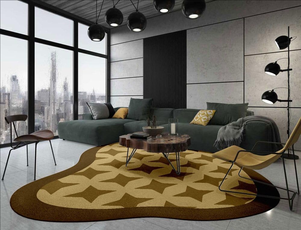 Brown Irregular Shaped Area Rug Star Pattern Unique Designer Rug for Living Room Bedroom Kitchen Non Slip Washable Floor Rug Minimalist Geometric Art Deco Home Office Guestroom Floor Carpet 5ft