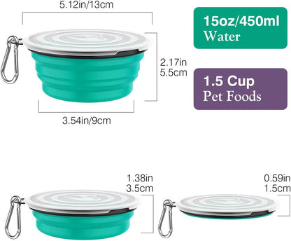 Pawaboo Collapsible Dog Bowls 2 Pack, Silicone Feeding Watering Bowls with Lids & Carabiners for Dogs Cats, Portable Collapsable Water Feeder Food Bowl for Walking Traveling Home Use, VioletTurquoise