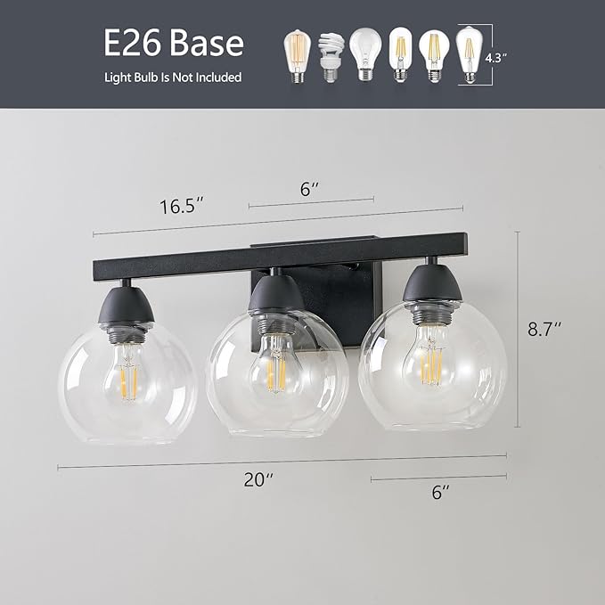 Bathroom Light Fixtures, 3-Light Matte Black Vanity Light with Hand-Blown Thick Glass Shades, Premium Clarity & Shatter-Resistant, Wall Sconces for Mirror, Kitchen, Bedroom
