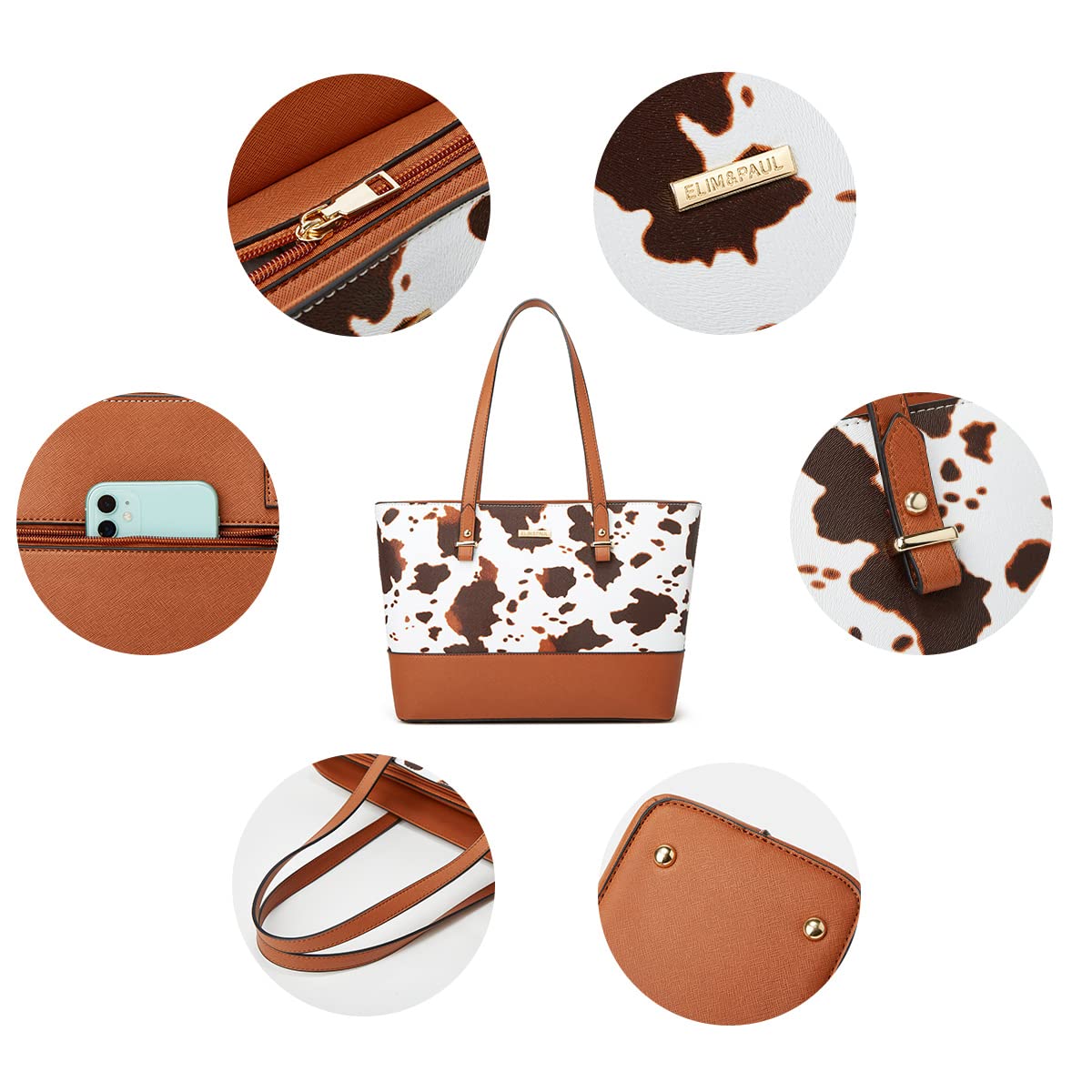 Women Fashion Handbags Wallet Tote Bag Shoulder Bag Top Handle Satchel Cow Print Purse Set 4pcs