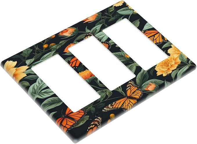 Butterflies Flower Garden 3 Gang Rocker Triple Outlet Wall Plate Decorative Switchplate Cover Faceplate GFCI Light Switch Covers for Farmhouse Living Decor